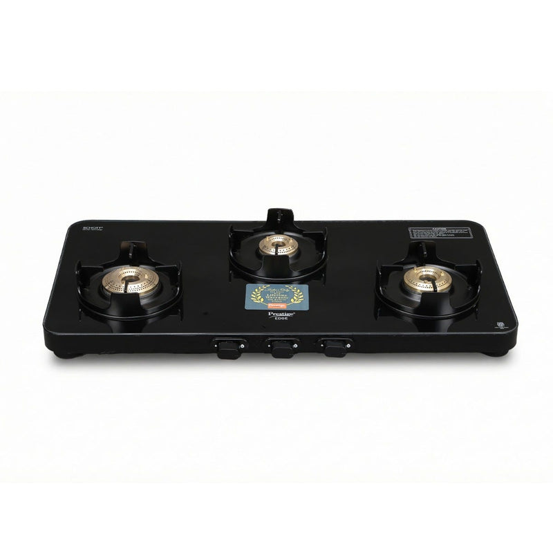 Prestige Edge PEBS 03L Manual Powder Coated with Aluminium Frame 3 Burners Gas Stove, Black, Prestige Svachh Triply Outer Lid Pressure Cooker with Unique Deep Lid for Spillage Control, 5 Litre, Silver