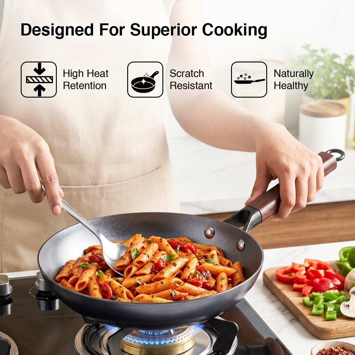 Prestige Castlite Nitride Cast Iron Fry Pan 20cm/0.9L, Rust-Proof, Chemical-Free + Prestige Castlite Lightweight Cast Iron Kadai 24cm/2.4L with Glass Lid, Enamel Coated, Gas & Induction, 15Y Warranty