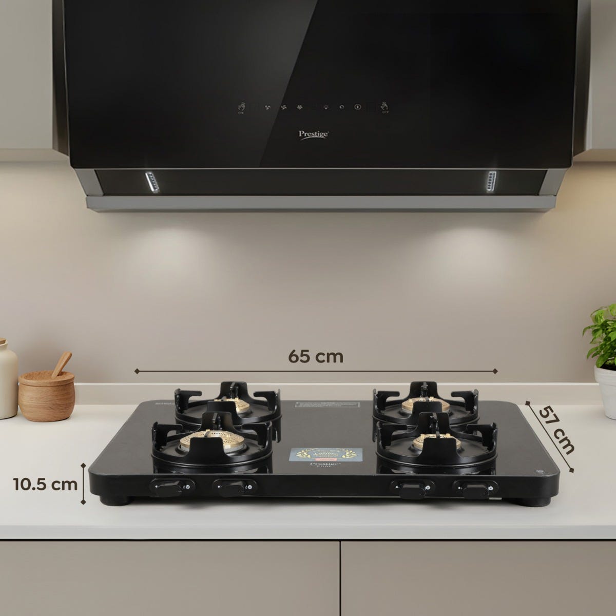 Prestige Edge PEBS 04 Manual Powder Coated with Aluminium Frame 4 Burners Gas Stove, Black, Prestige Svachh Triply Outer Lid Pressure Cooker with Unique Deep Lid for Spillage Control, 5 Litre, Silver