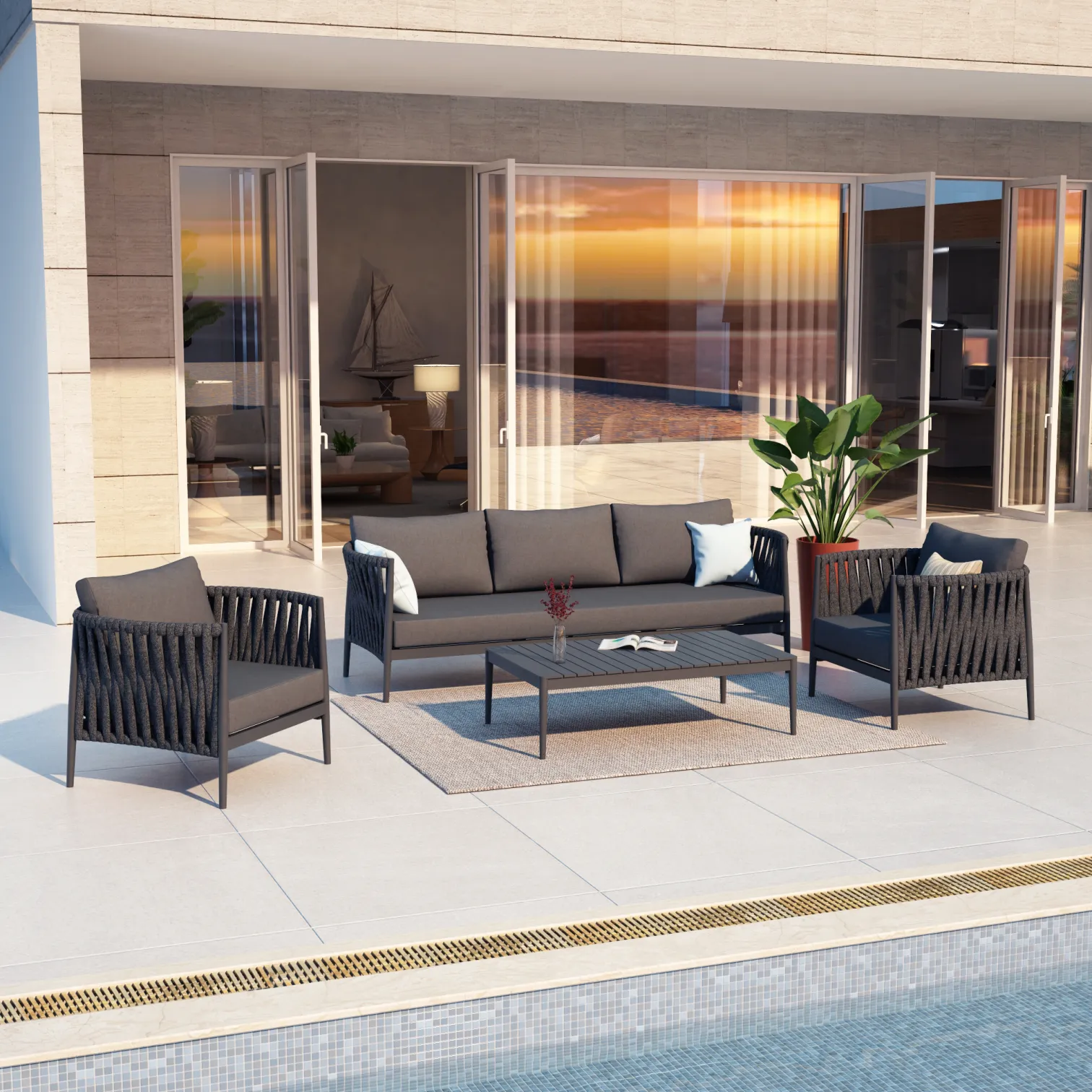 Pablo Outdoor Garden Balcony Sofa Set 3 Seater, 2 Single seater and 1 Table Set Braid & Rope (Dark Grey)