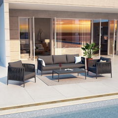 Pablo Outdoor Garden Balcony Sofa Set 3 Seater, 2 Single seater and 1 Table Set Braid & Rope (Dark Grey)