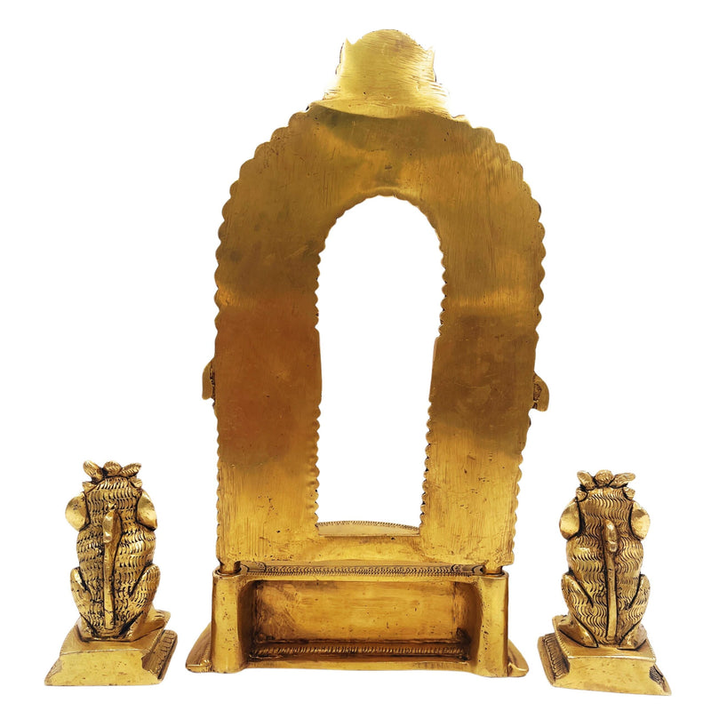 Brass Pooja Chowki with Prabhavali and Yali, Handmade Peetha Singhasan Bajot for Temple Decor, Gold, 11 Inch, 1 Piece