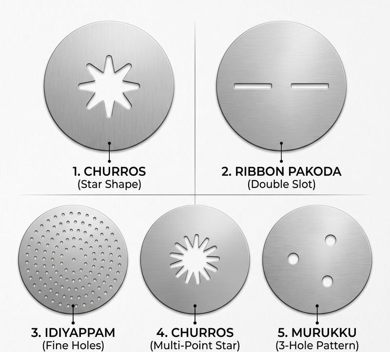 Parotta and Interchangeable Discs for Idiyappam, Murukku, Churros and more