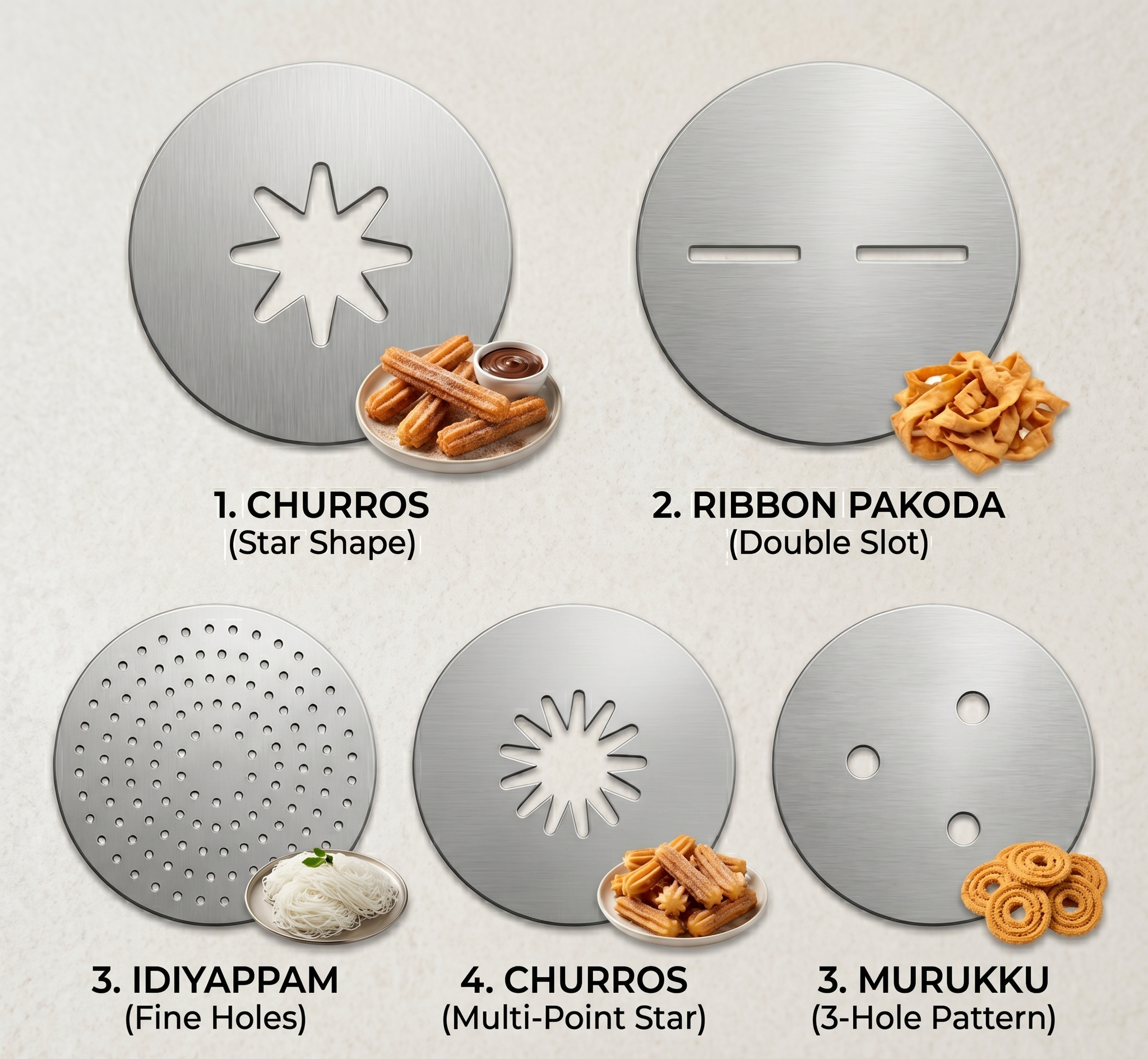 Parotta and Interchangeable Discs for Idiyappam, Murukku, Churros and more