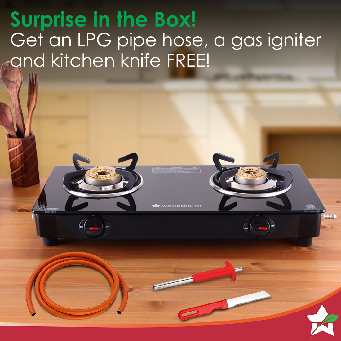 Wonderchef Zest Neo Gas Stove | 2 Burners (1 Medium, 1 Small) | Premium Glass Surface | Space Saving Design | Brass Burn