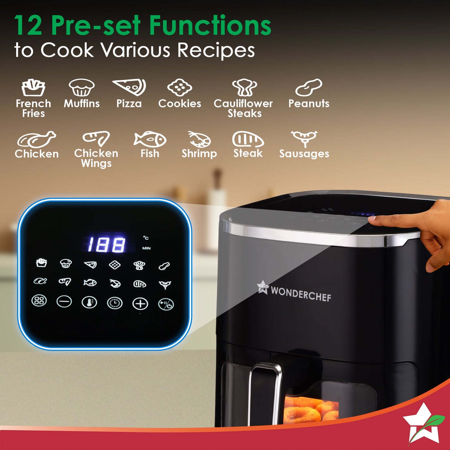 Evita Digital Air Fryer, 1350W, 5 L, Rapid Hot Air Technology, 8 Pre-set Menus, Non-stick Basket, In-built Memory, Customised Time & Temperature Control, Fry, Bake, Grill, 2-Yr Warranty