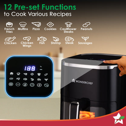 Evita Digital Air Fryer, 1350W, 5 L, Rapid Hot Air Technology, 8 Pre-set Menus, Non-stick Basket, In-built Memory, Customised Time & Temperature Control, Fry, Bake, Grill, 2-Yr Warranty