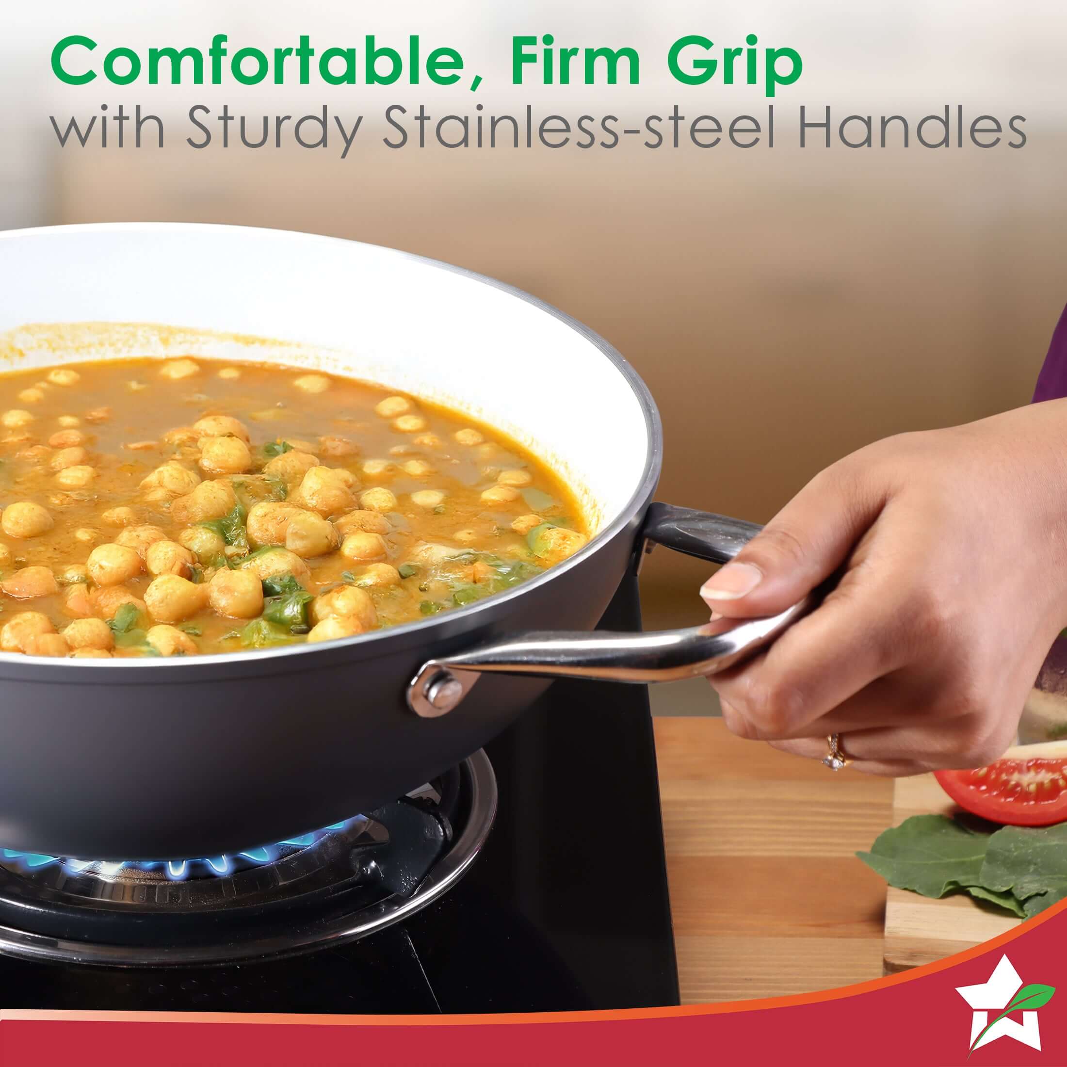 Eco-Glide Kadhai with Glass Lid | | Chemical-free Ceramic Coating | 24cm, 2.5L | Healthy, Low Oil Meals | Scratch-resistant | Stainless-steel Handle | Gas & Induction Compatible | Grey