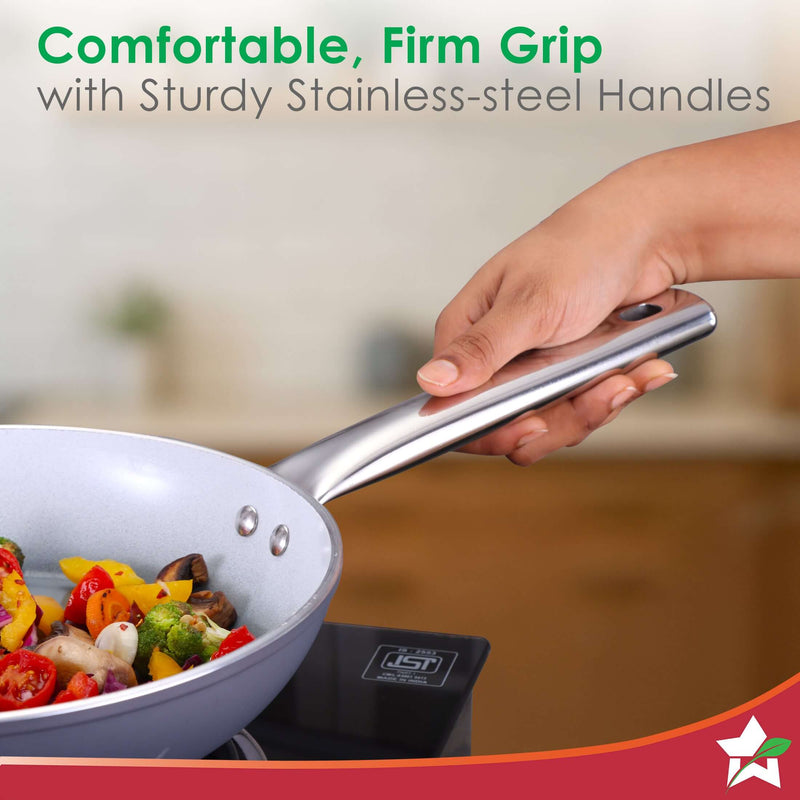 Eco-Glide Fry Pan | | Chemical-free Ceramic Coating | 20cm, 1.2L | Healthy, Low Oil Meals | Scratch-resistant | Stainless-steel Handle | Gas & Induction Compatible | Grey | Easy to Clean