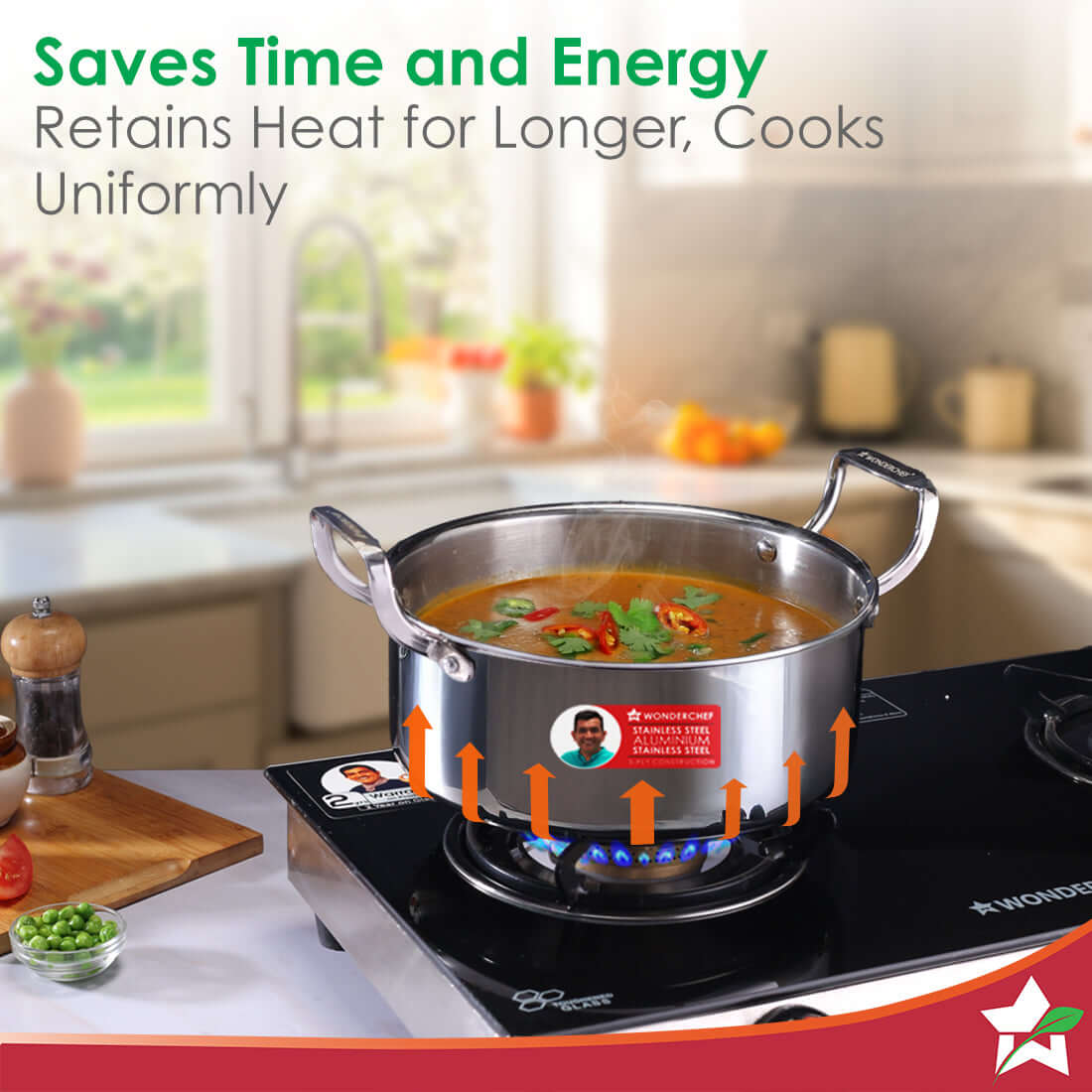 Wonderchef Stella Triply Stainless Steel Casserole with Lid | 24 cm, 4.5 Litres | Compatible with Gas Stove, Induction, 