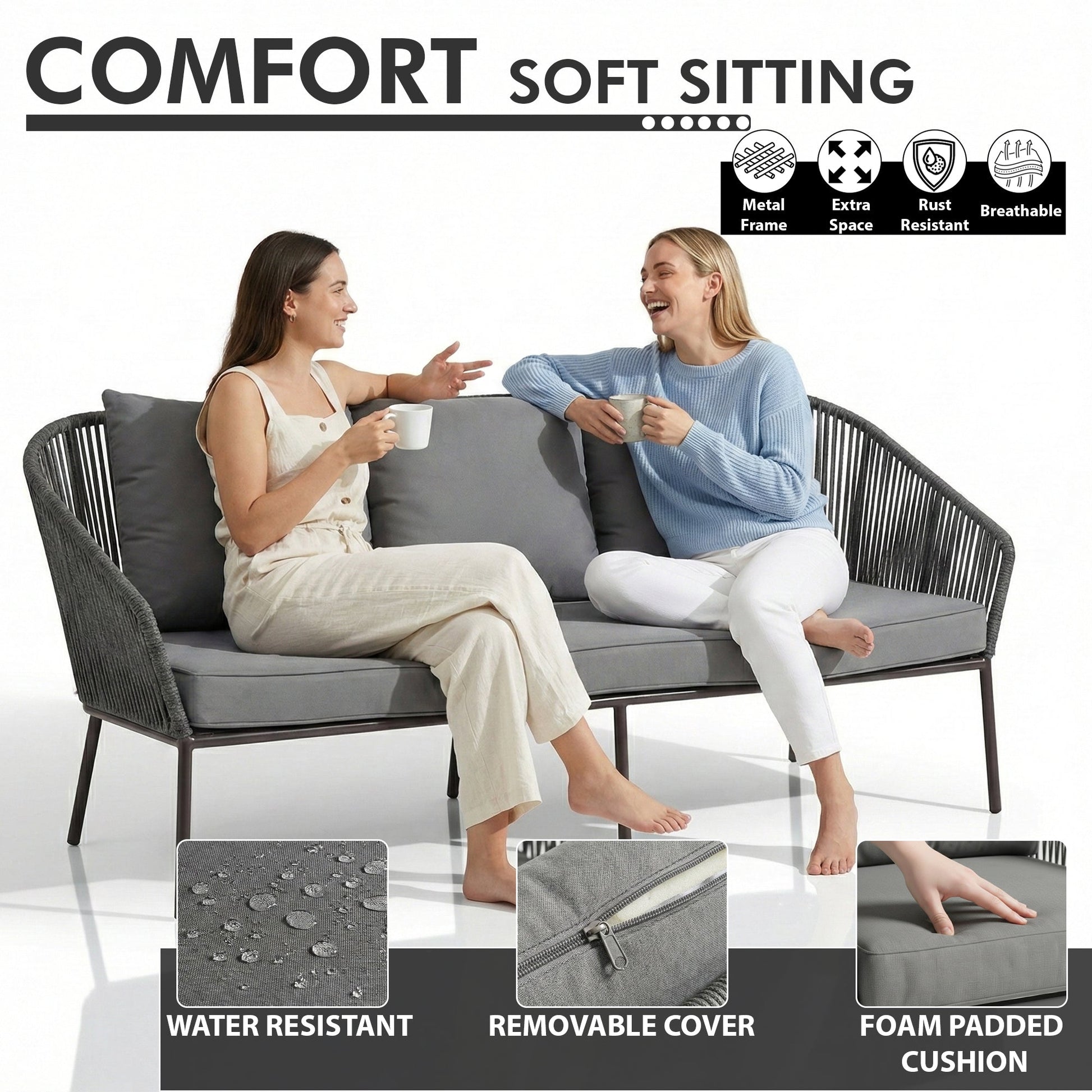 Shed Outdoor Sofa Set 3 Seater , 2 Single seater and 1 Center Table Set (Dark grey) Braided & Rope
