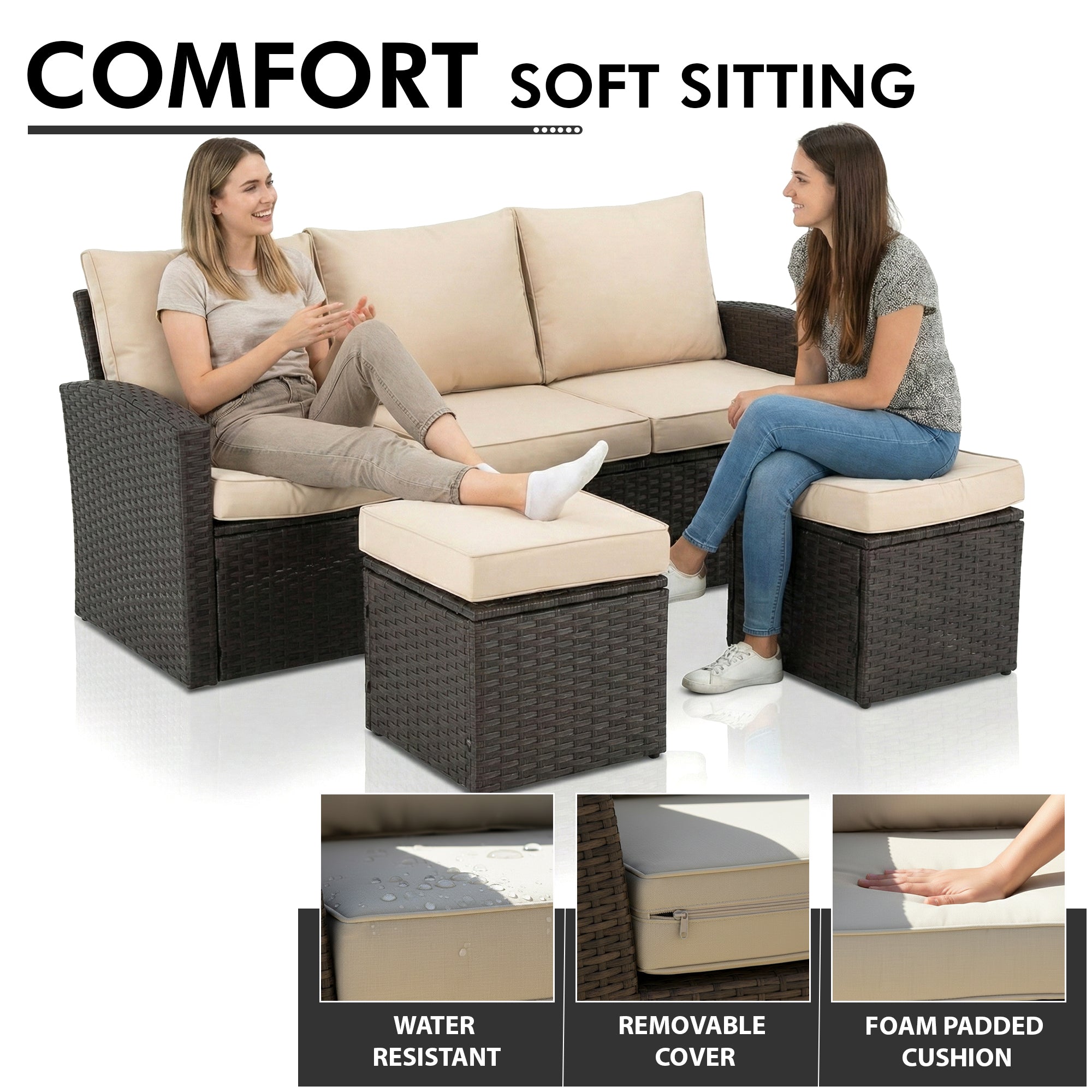 Umile Outdoor Garden Balcony Sofa Set 3 Seater, 2 Single seater, 2 Ottoman and 1 Center Table Conversation Set (Brown)