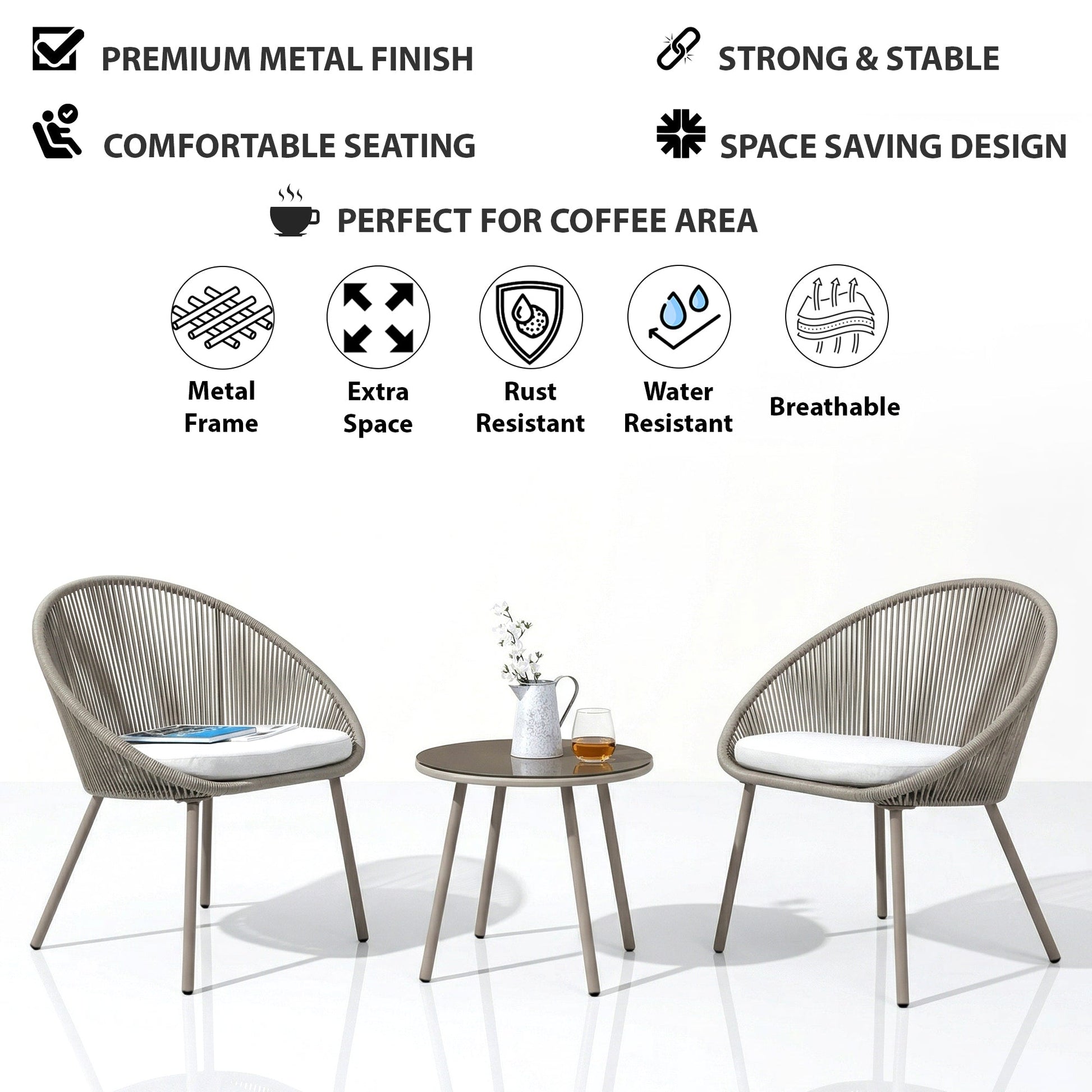 Soma Outdoor Patio Seating Set 2 Chairs and 1 Table Set (Grey) Braided & Rope