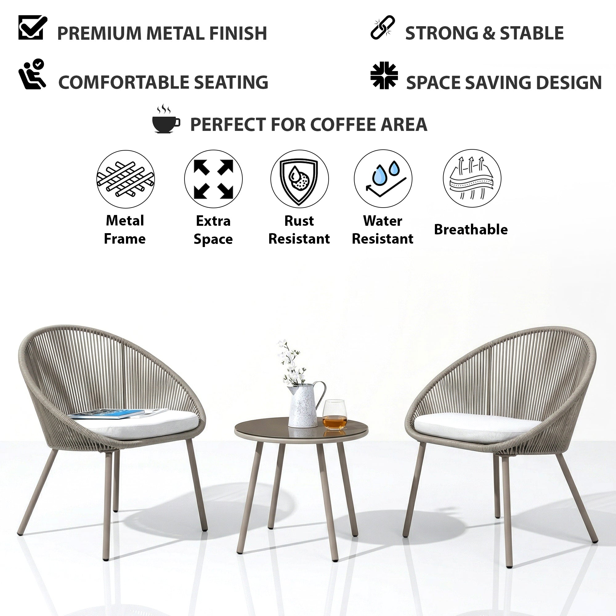 Soma Outdoor Patio Seating Set 2 Chairs and 1 Table Set (Grey) Braided & Rope