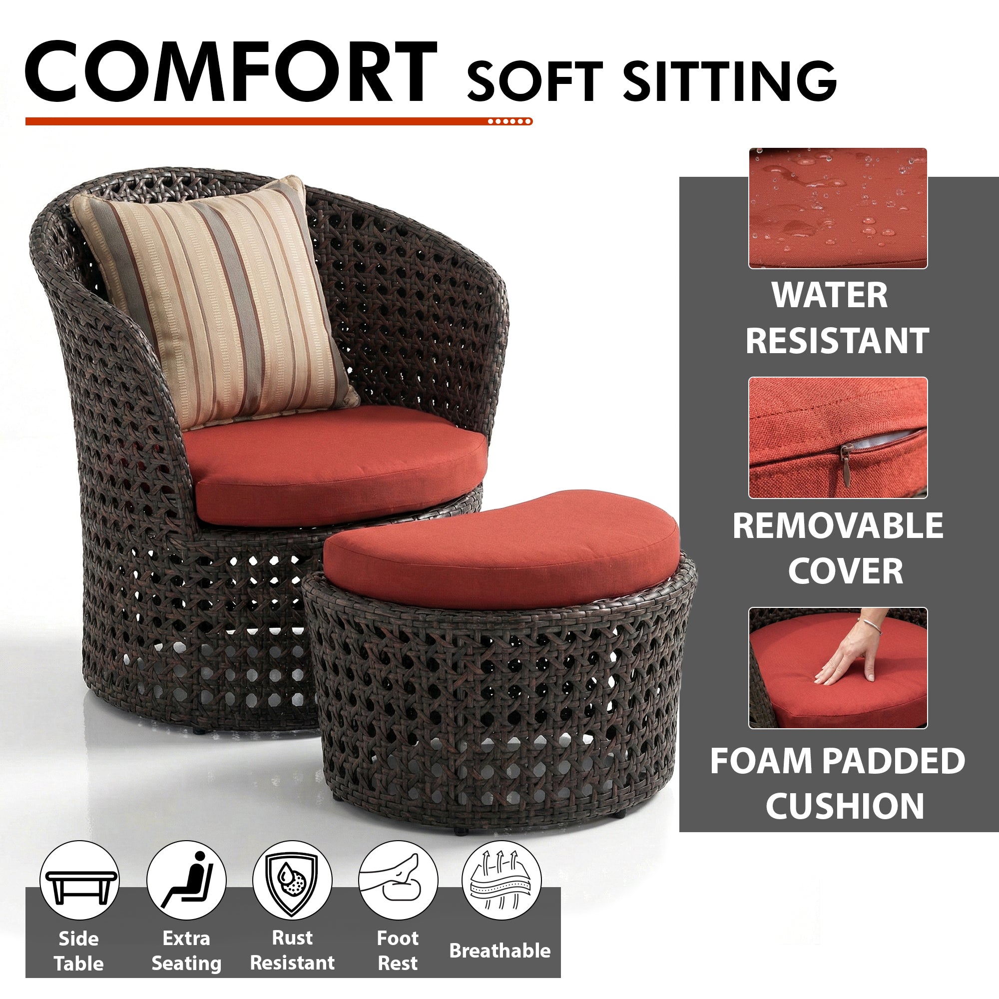 Sinato Outdoor Sofa Set  2 Single seater with 2 ottoman and 1 Center Table (Brown)