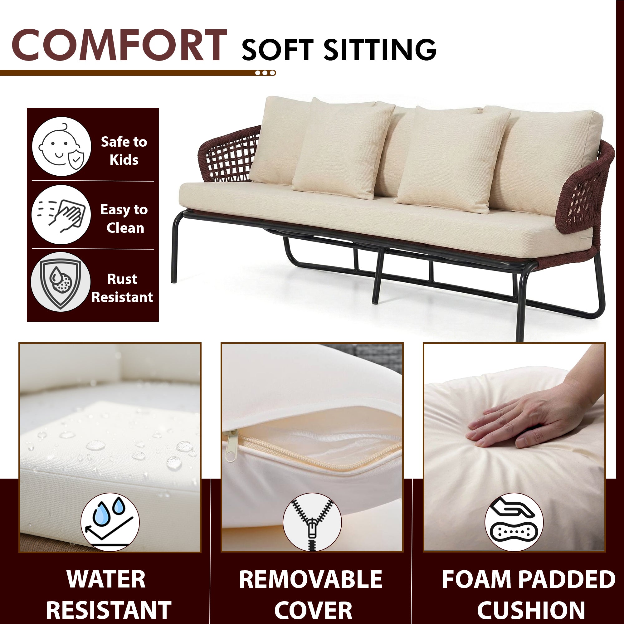 Riba Outdoor Sofa Set 3 Seater , 2 Single seater and 1 Center Table Set (Cream) Braided & Rope