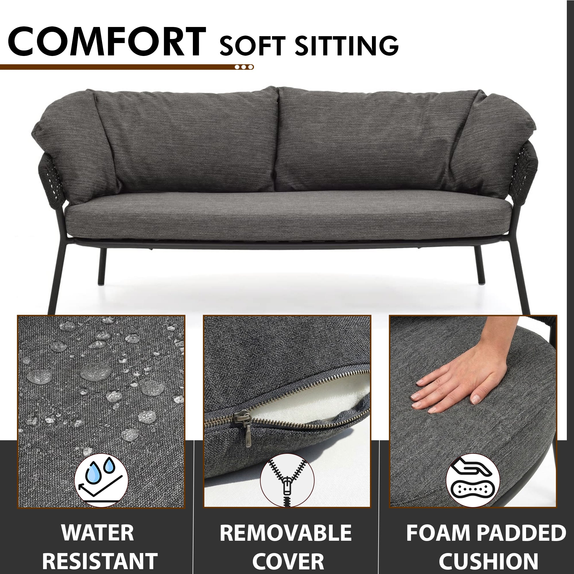 Puff Outdoor Sofa Set 3 Seater , 2 Single seater and 1 Center Table Set (Black) Braided & Rope