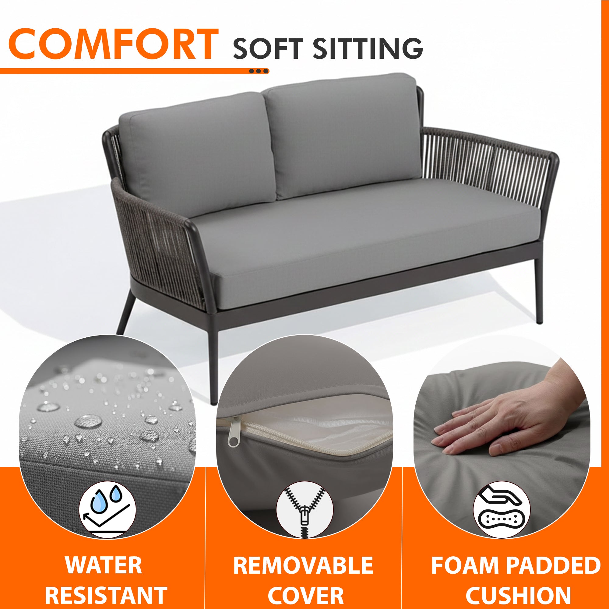 Tanza Outdoor Garden Balcony Sofa Set 2 Seater , 2 Single Seater 1 Center Table Set (Dark Grey) Braided and Rope