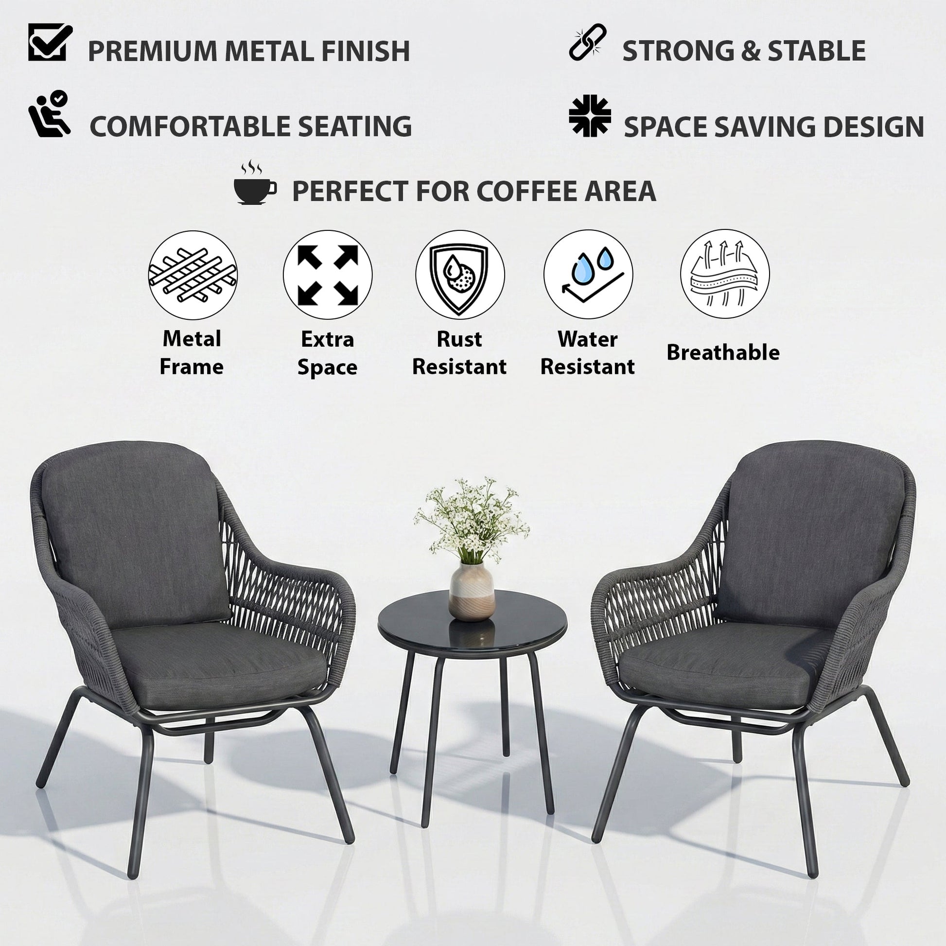 Pillar Outdoor Patio Seating Set 2 Chairs and 1 Table Set (Dark Grey) Braided & Rope