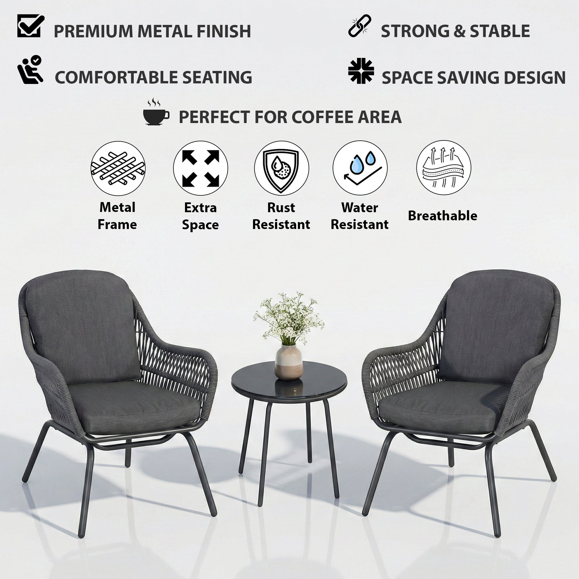 Pillar Outdoor Patio Seating Set 2 Chairs and 1 Table Set (Dark Grey) Braided & Rope