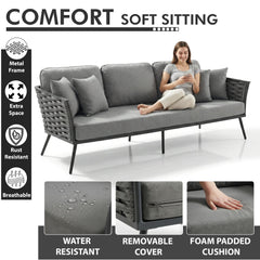 Belly Outdoor Garden Balcony Sofa Set 3 Seater,2 seater and Single Seater With 1 Table Set, Braid & Rope (Grey)