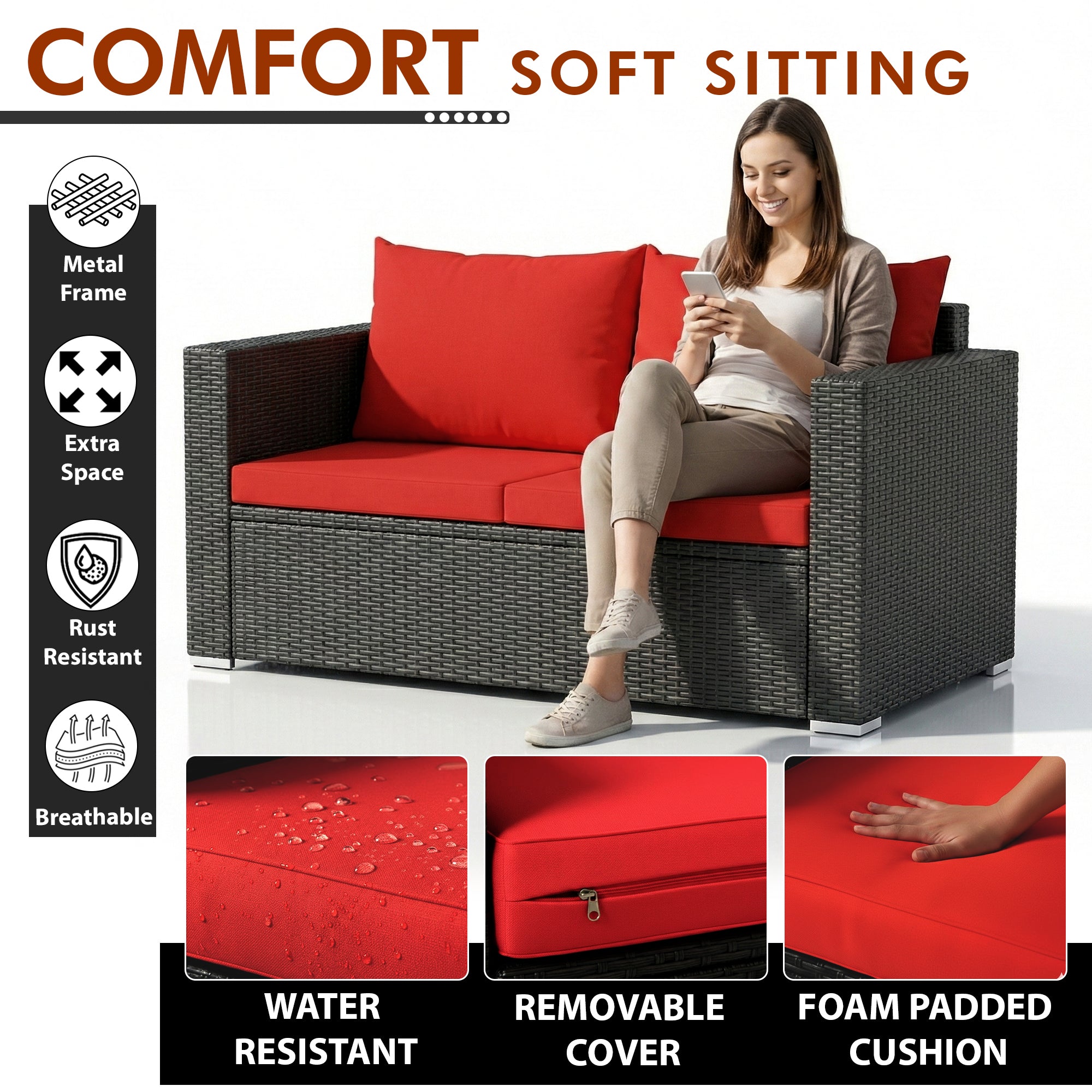 Olavarria Outdoor Sofa Set 2 Seater, 2 Single seater and 1 Center Table (Red)