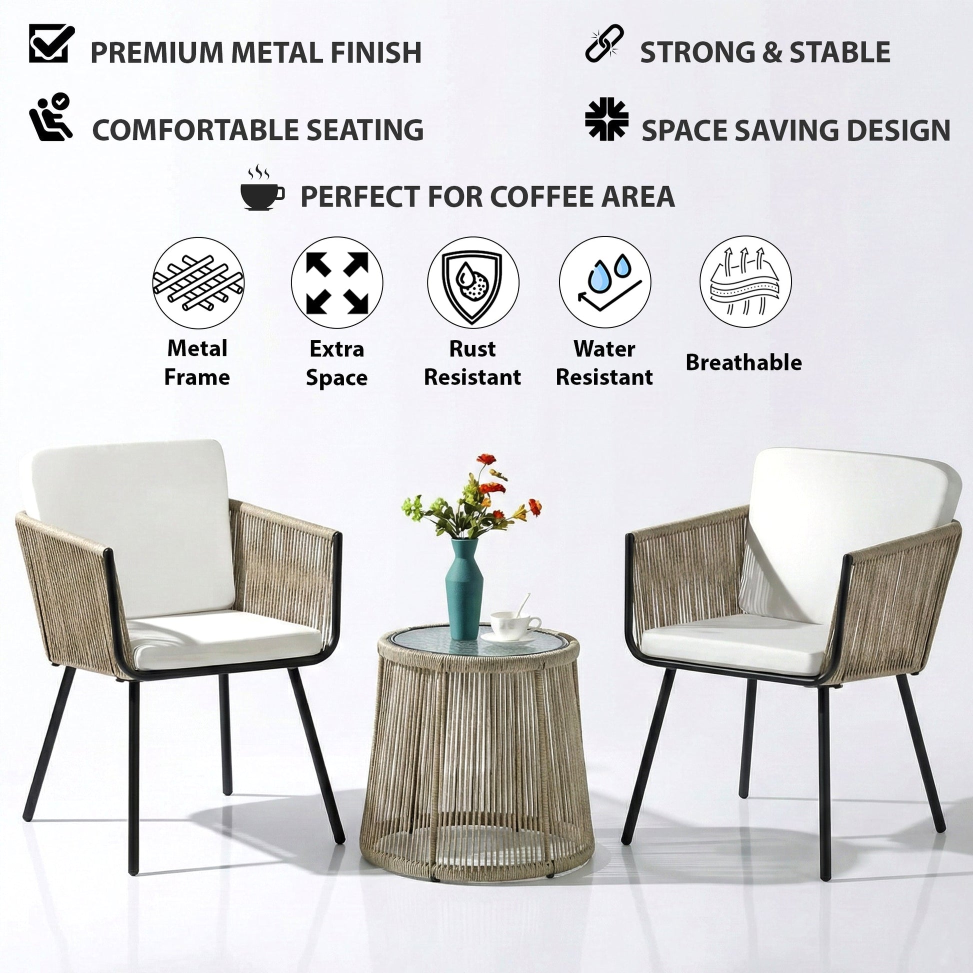 Rapid Outdoor Patio Seating Set 2 Chairs and 1 Table Set (Cream) Braided & Rope