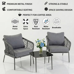 Filix Outdoor Patio Seating Set 2 Chairs and 1 Table Set (Grey) Braided & Rope