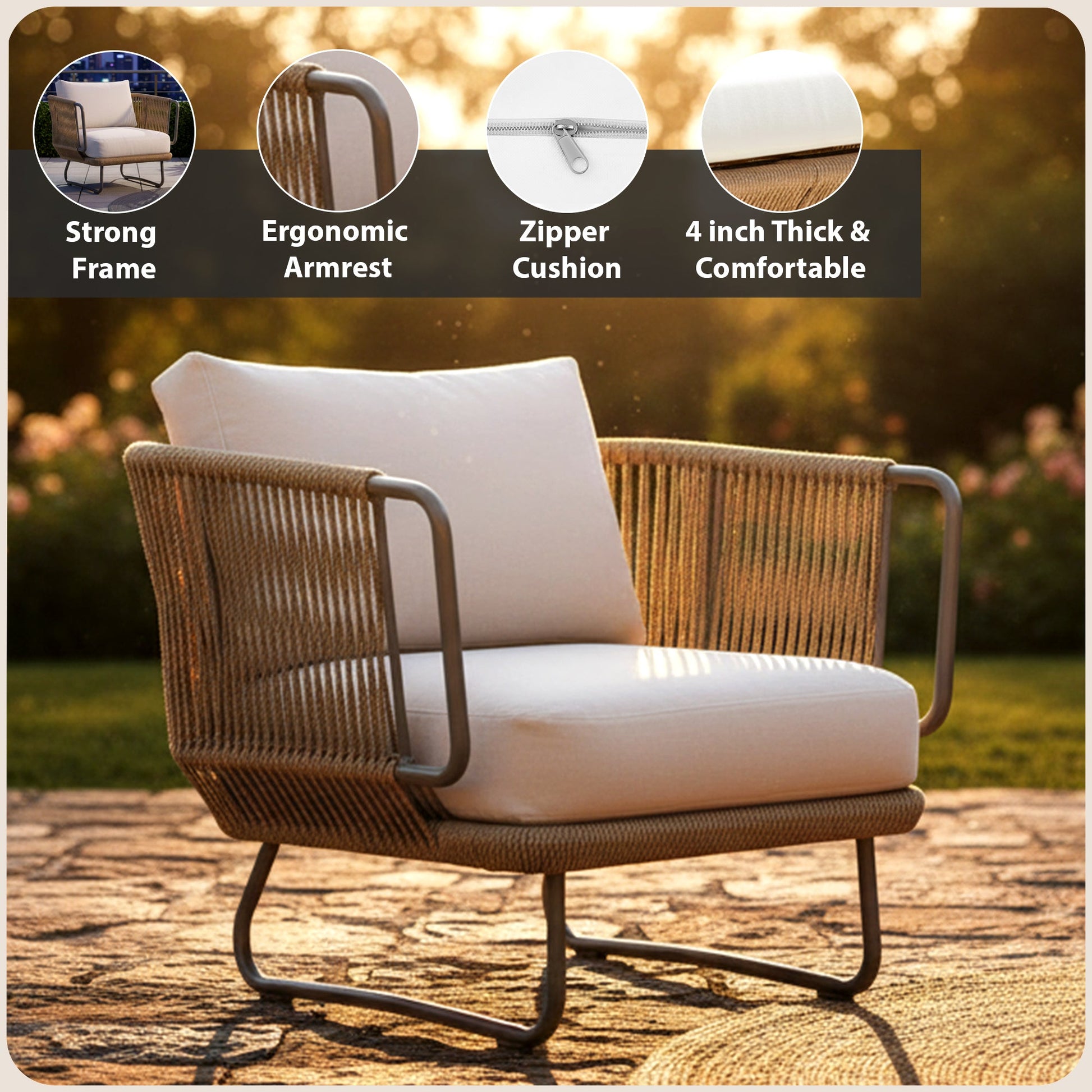 Elix Outdoor Sofa Set 2 Seater, 2 Single seater and 1 Center Table with ottoman (Tan) Braided & Rope
