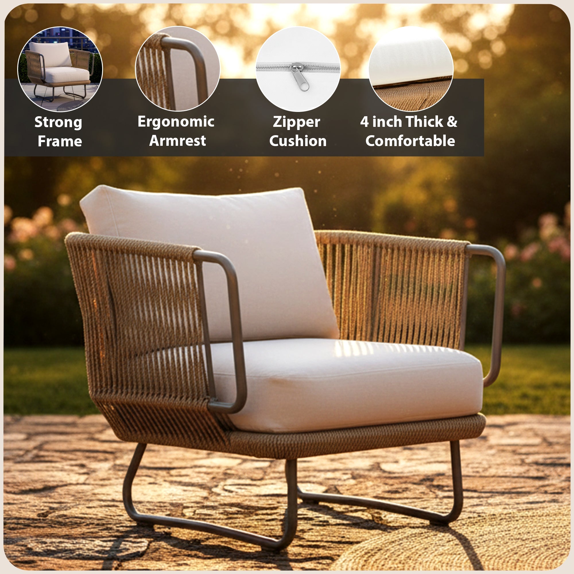 Elix Outdoor Sofa Set 2 Seater, 2 Single seater and 1 Center Table with ottoman (Tan) Braided & Rope