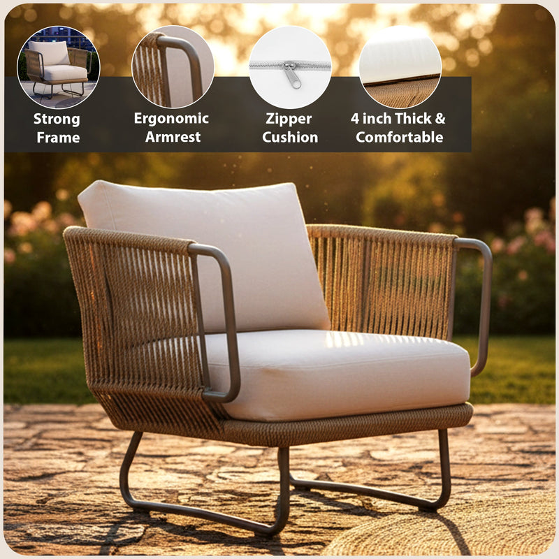 Elix Outdoor Sofa Set 2 Seater, 2 Single seater and 1 Center Table with ottoman (Tan) Braided & Rope
