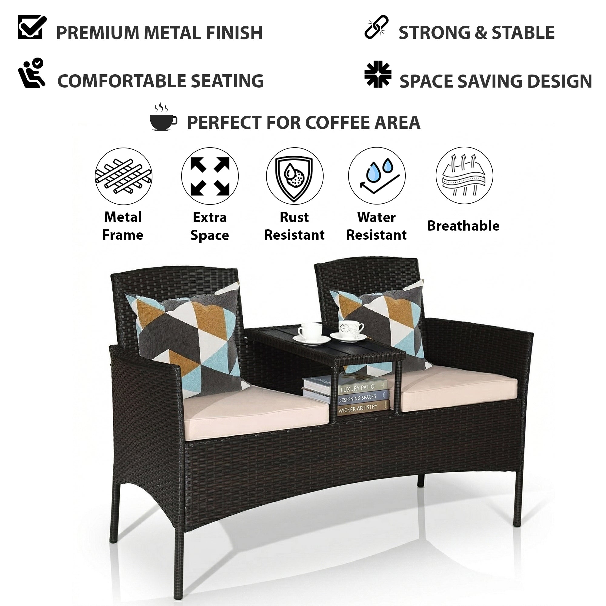 Dreamline Outdoor Furniture Garden Patio Seating Set of 2 Attached Chairs and Table Set Balcony Furniture Coffee Table Set(Black)