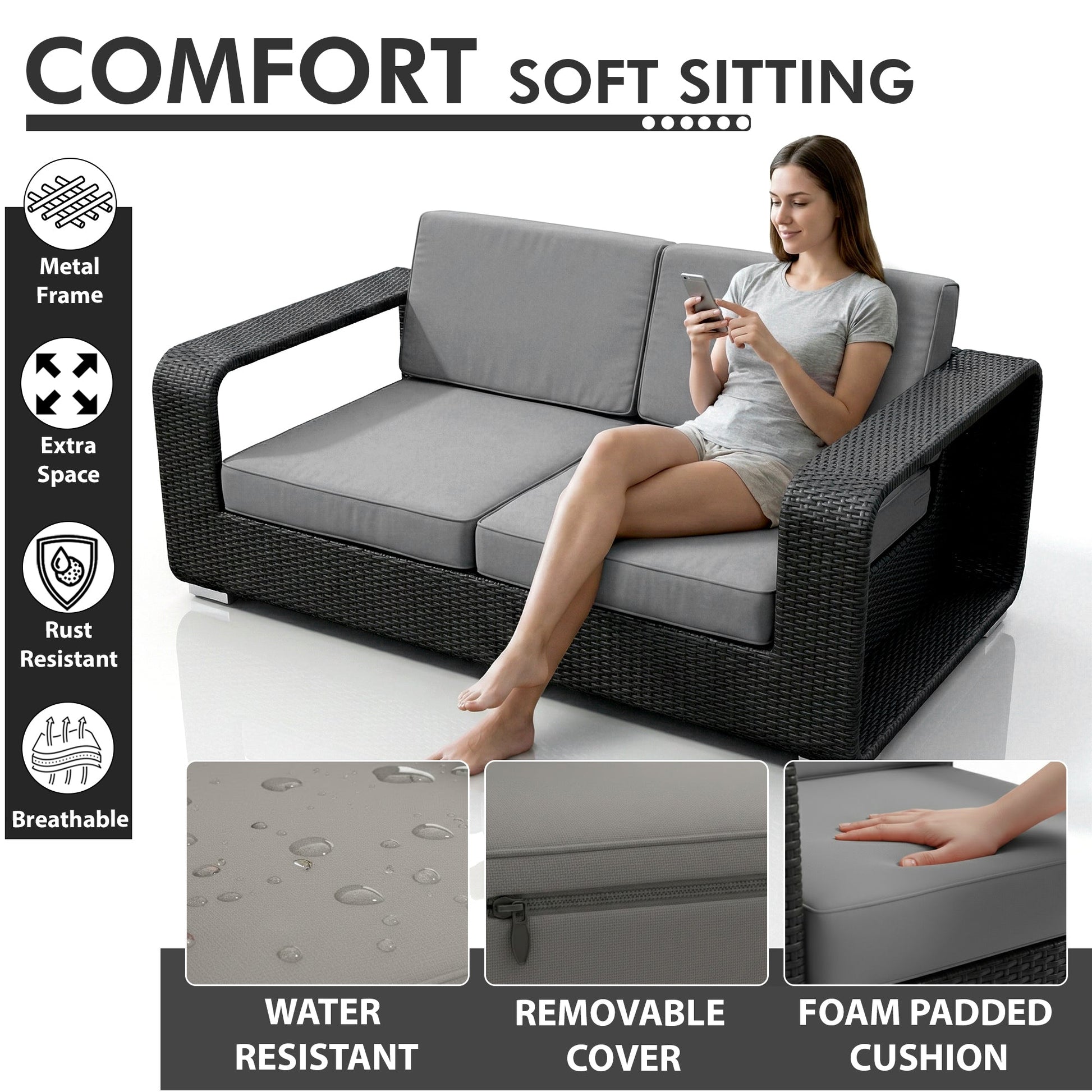 Akrivi Outdoor Sofa Set 2 Seater, 2 Single seater , 1 Center table (Black)