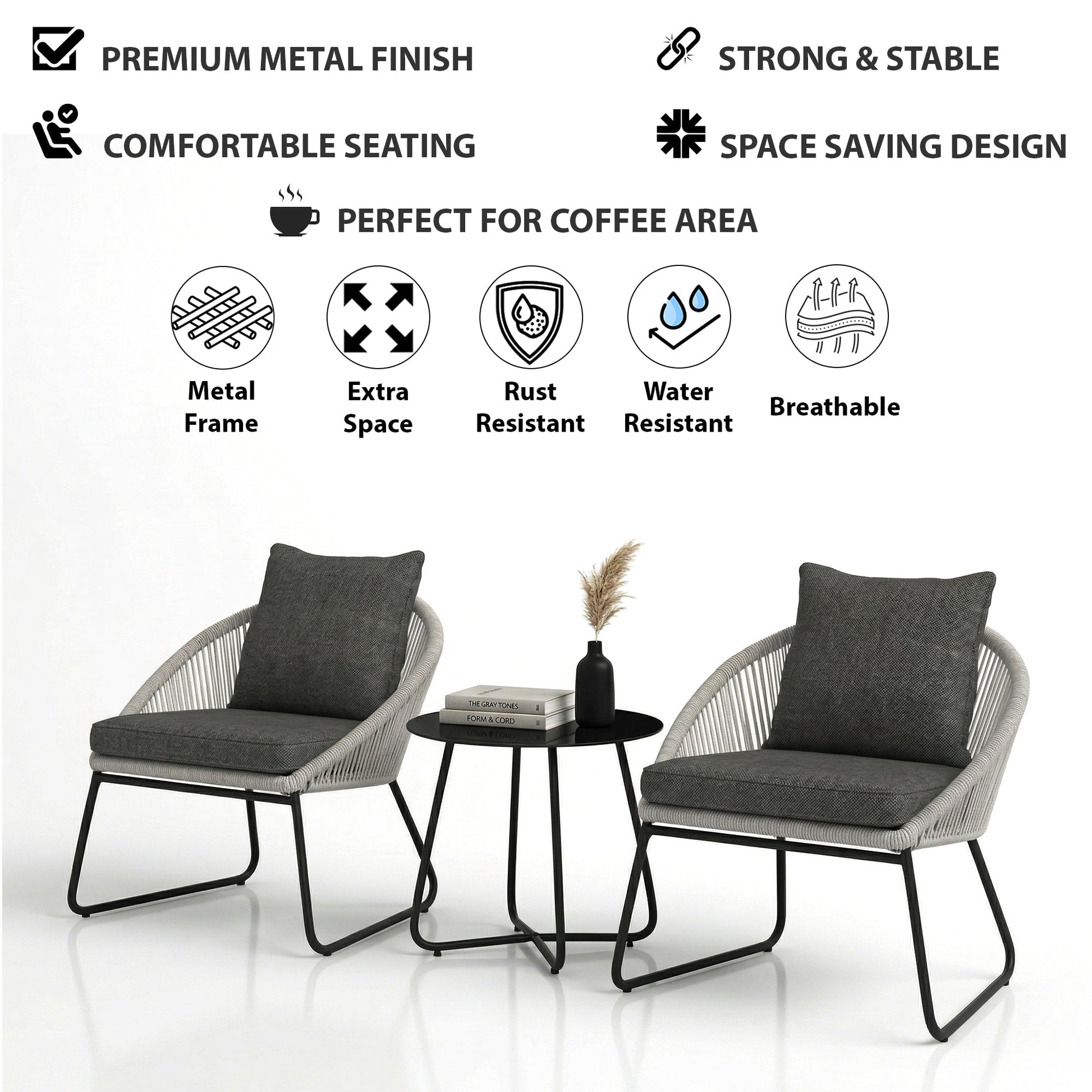 Neva Outdoor Patio Seating Set 2 Chairs and 1 Table Set (Grey) Braided & Rope