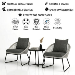Neva Outdoor Patio Seating Set 2 Chairs and 1 Table Set (Grey) Braided & Rope