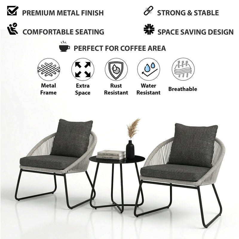 Neva Outdoor Patio Seating Set 2 Chairs and 1 Table Set (Grey) Braided & Rope