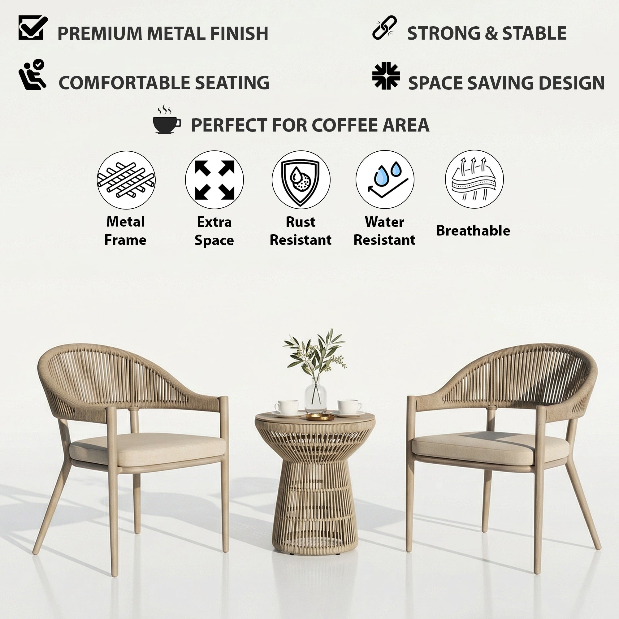 Remar Outdoor Patio Seating Set 2 Chairs and 1 Table Set (Beige) Braided & Rope