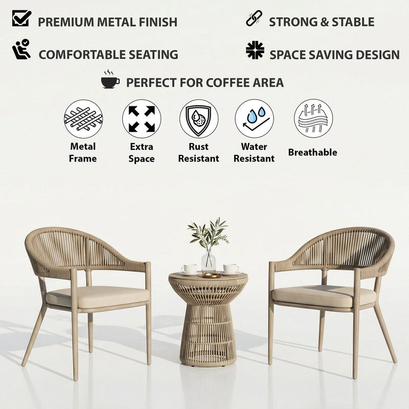 Remar Outdoor Patio Seating Set 2 Chairs and 1 Table Set (Beige) Braided & Rope