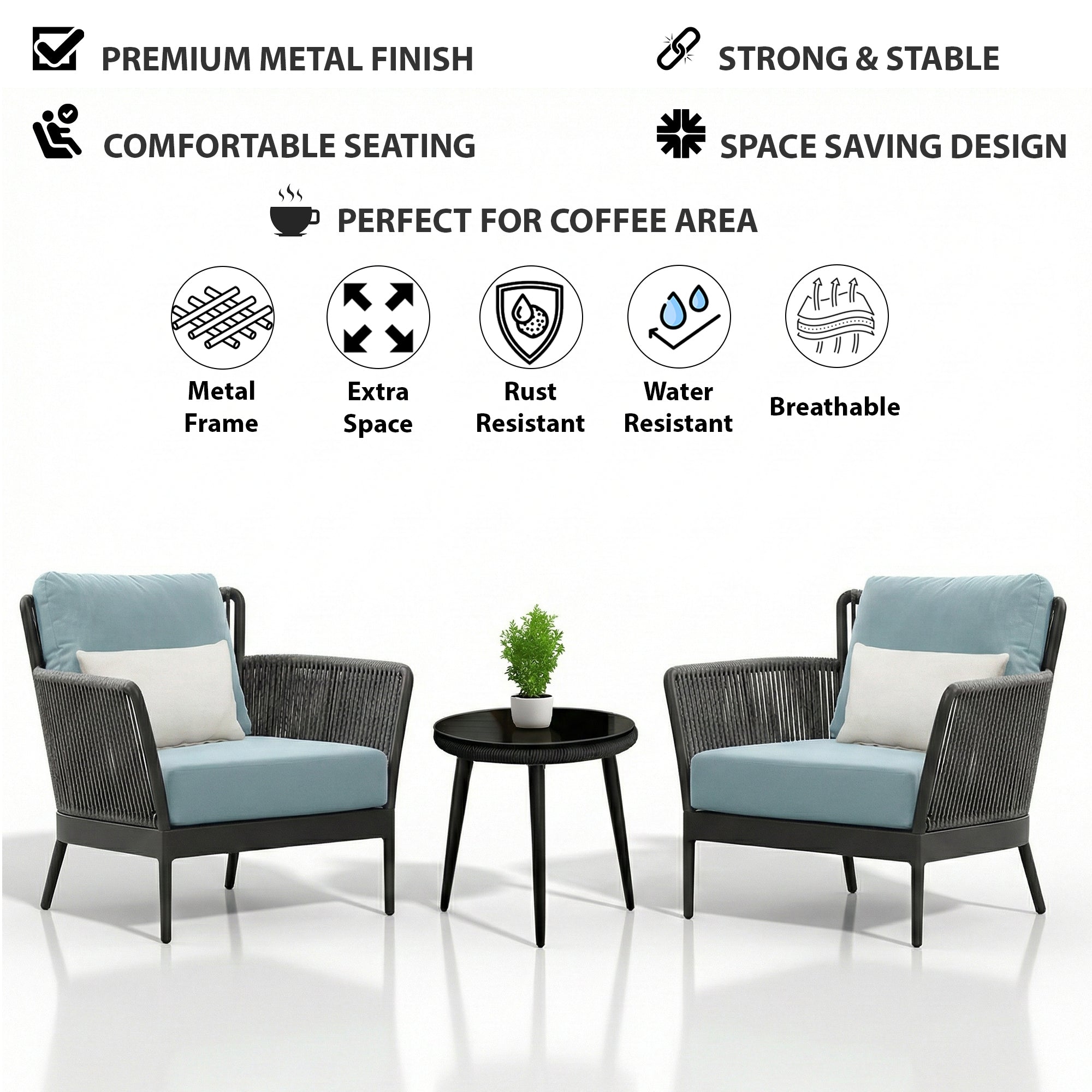 Conti Outdoor Patio Seating Set 2 Chairs and 1 Table Set (Grey) Braided & Rope