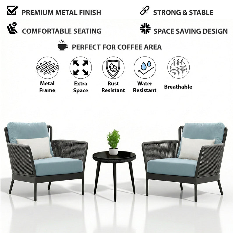Conti Outdoor Patio Seating Set 2 Chairs and 1 Table Set (Grey) Braided & Rope