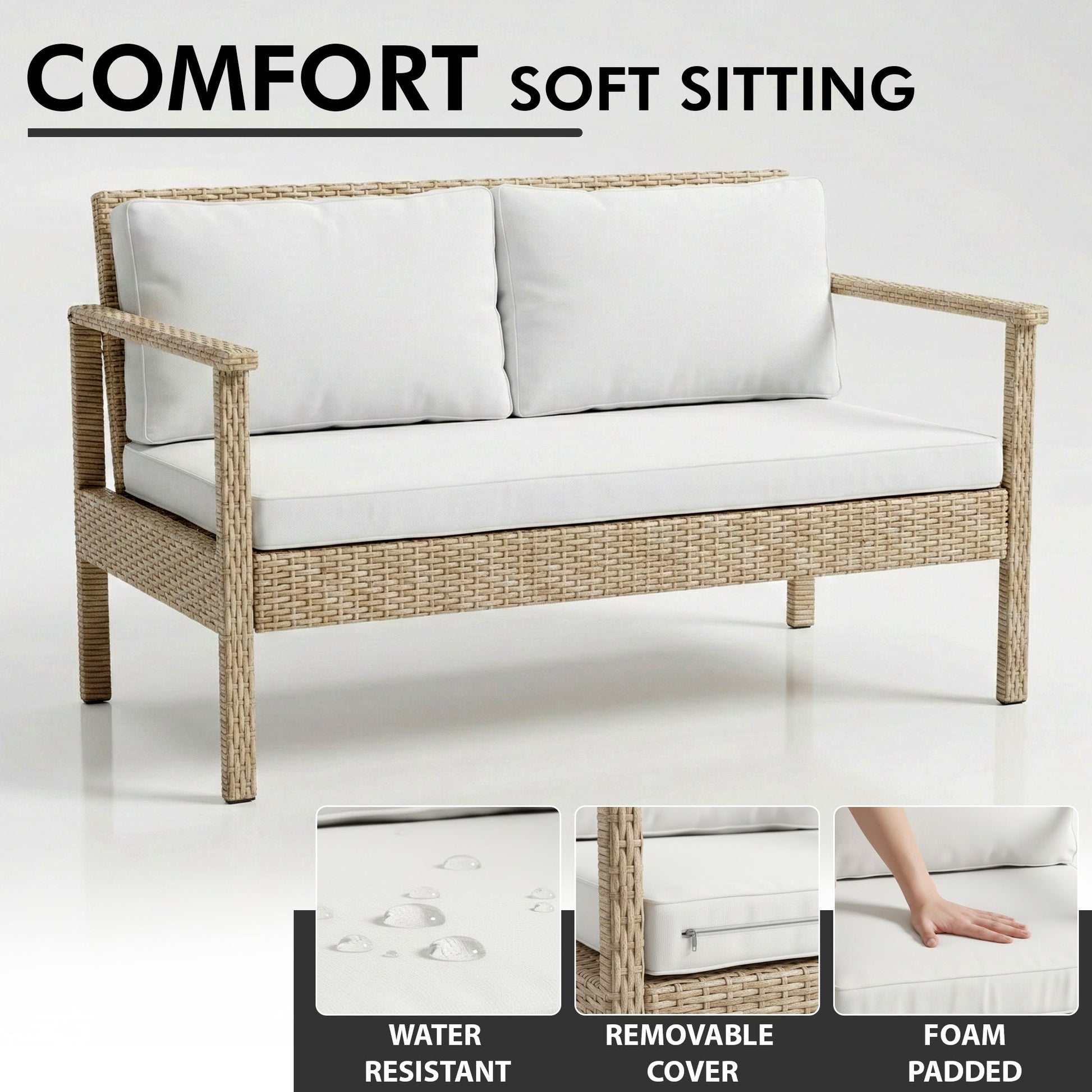 Mesa Outdoor Garden Balcony Sofa Set 2 Seater , 2 Single Seater 1 Center Table Set (Cream)
