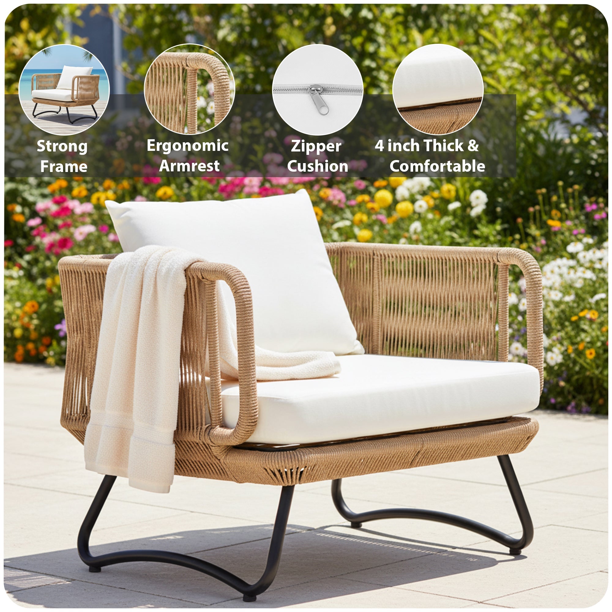 Kuub Outdoor Sofa Set 3 Seater, 2 Single seater,2 Ottoman(Tan)