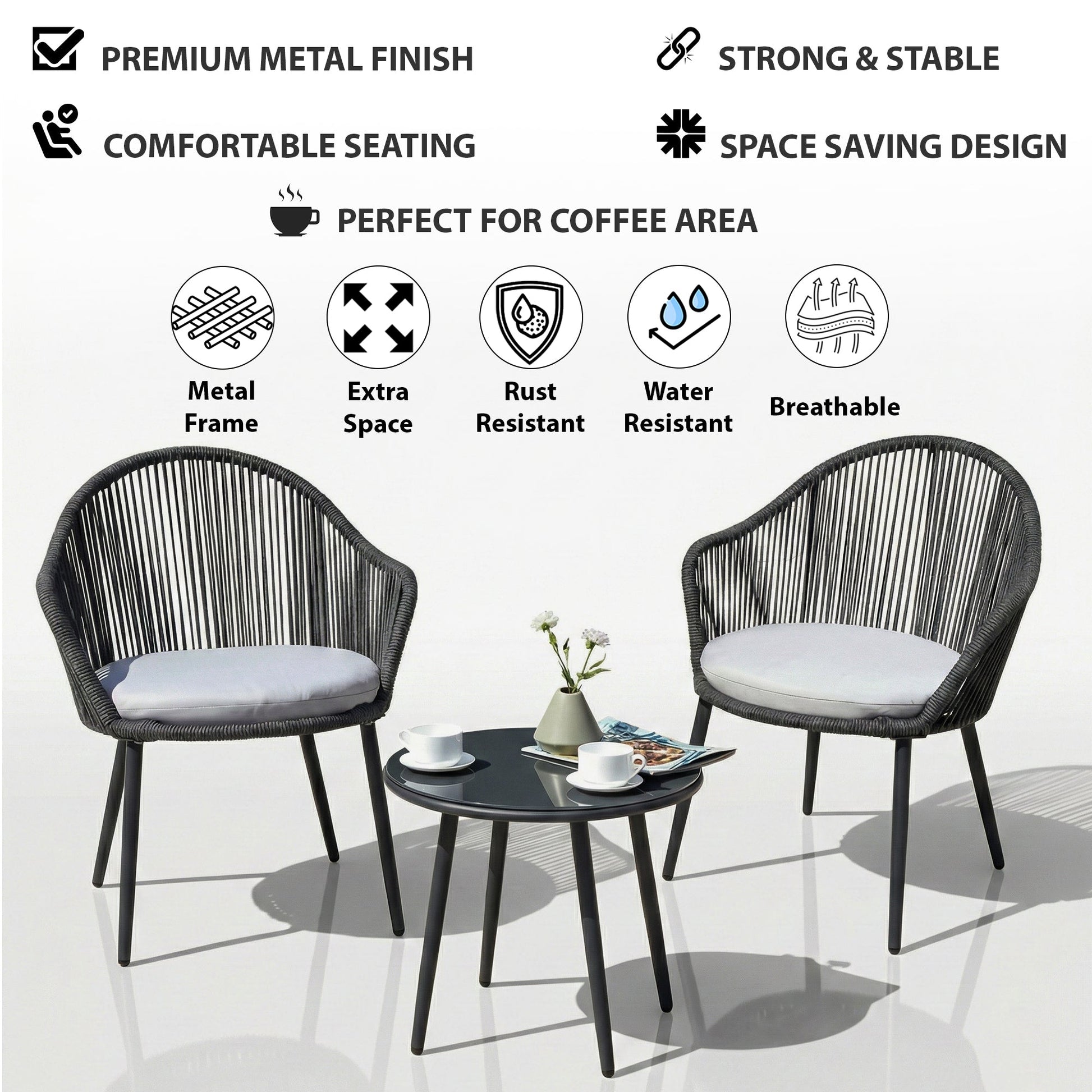 Conti Outdoor Patio Seating Set 2 Chairs and 1 Table Set (Grey) Braided & Rope