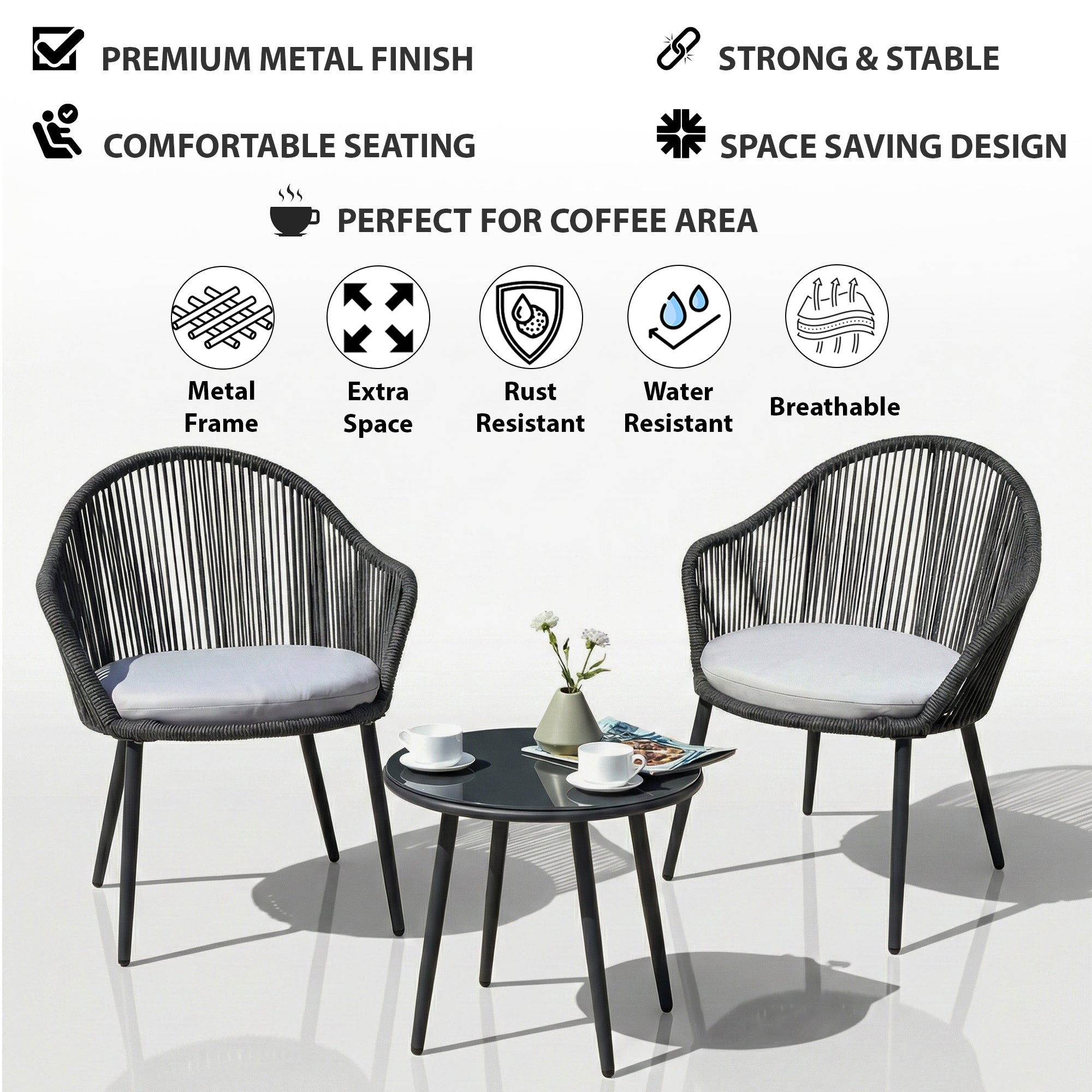 Conti Outdoor Patio Seating Set 2 Chairs and 1 Table Set (Grey) Braided & Rope