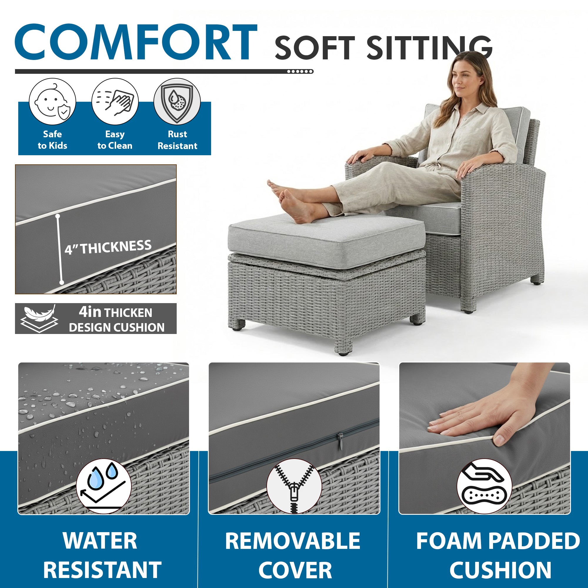 Bien Outdoor Garden Balcony Sofa Set 3 Seater, 2 Single seater, 2 Ottoman and 1 Center Table Conversation Set (Grey)
