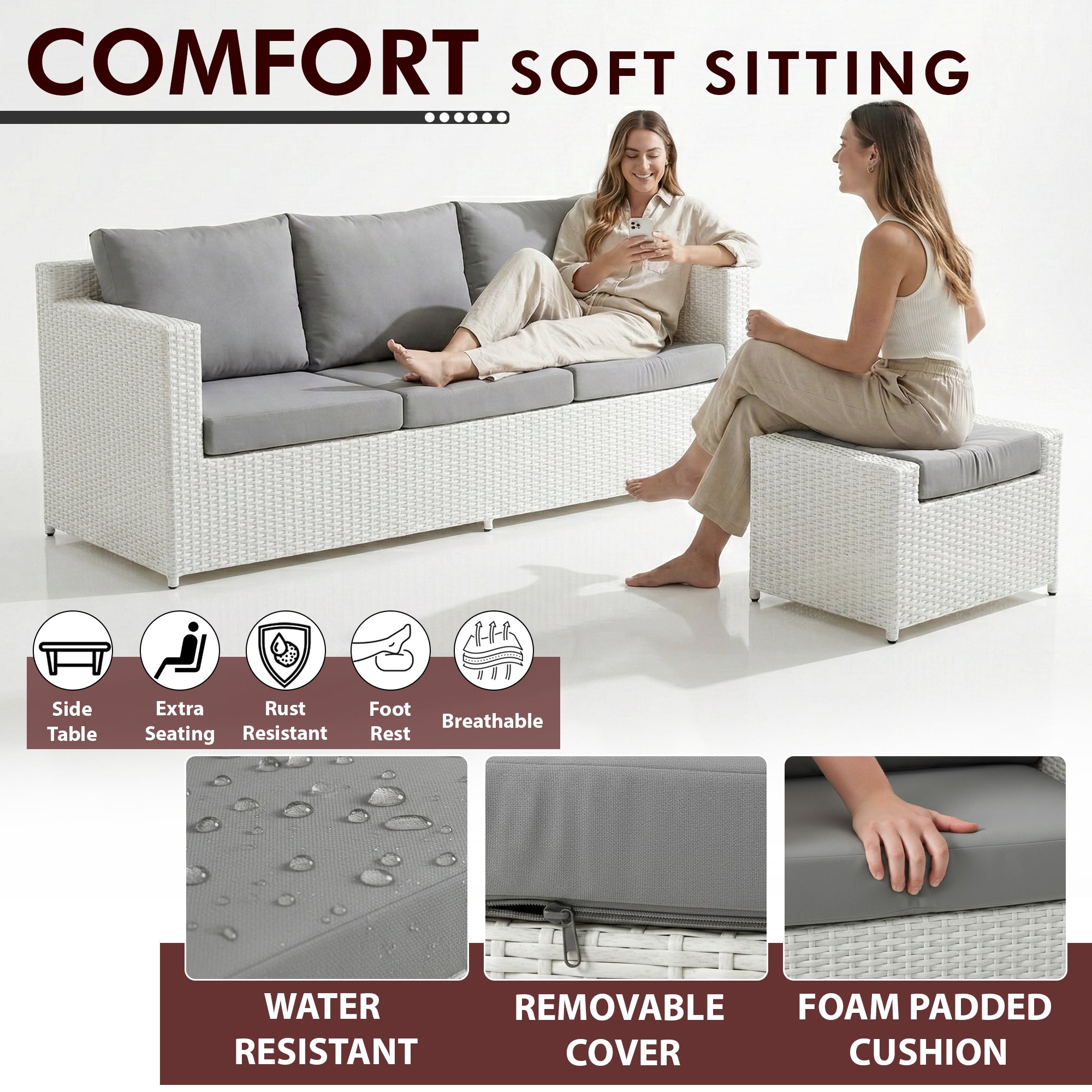 Nicholas Outdoor Sofa Set 3 Seater , 2 Single seater With Ottoman and 1 Center Table Set (White)