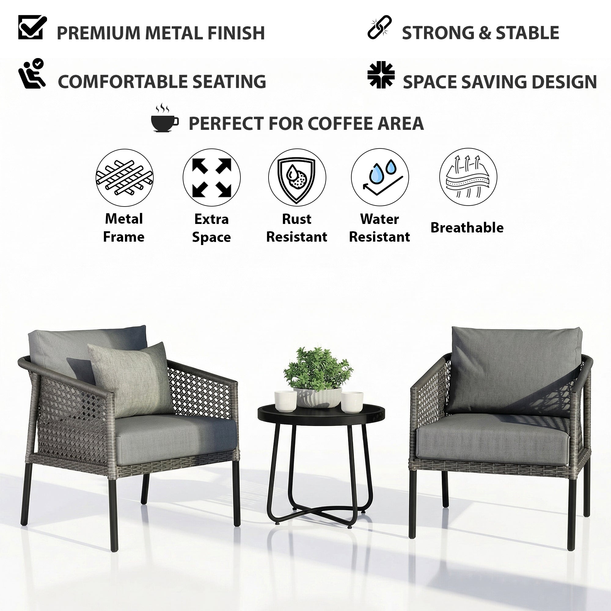 Morton Outdoor Patio Seating Set 2 Chairs and 1 Table Set (Dark Grey)
