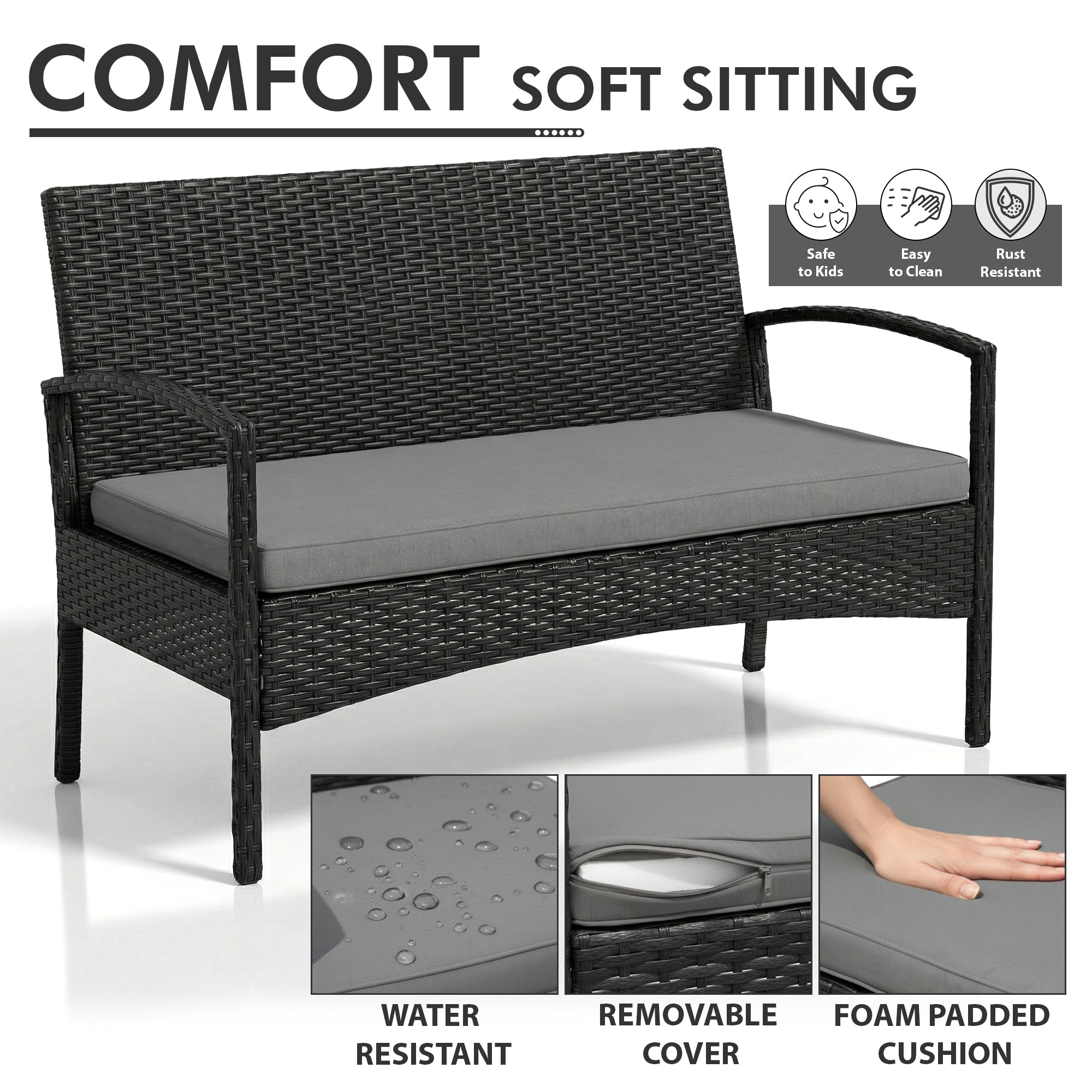 Gaetano Outdoor Sofa Set 2 Seater , 2 Single seater and 1 Center Table (Black)
