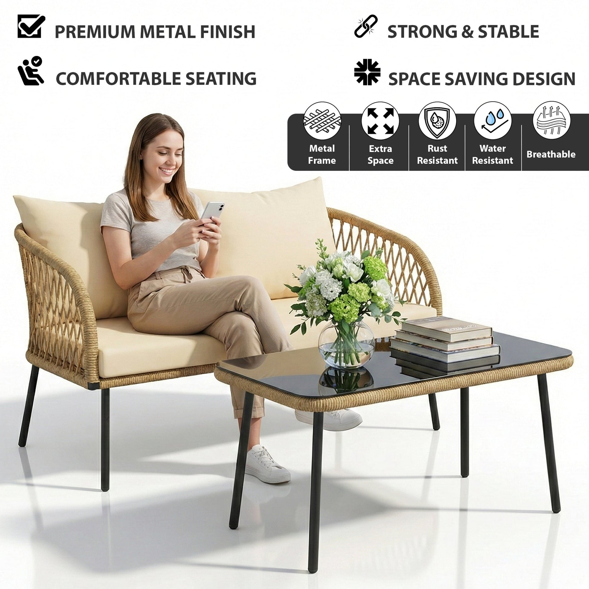 Kanto Outdoor Garden Balcony Sofa Set 2 Seater , 2 Single Seater 1 Center Table Braided and Rope