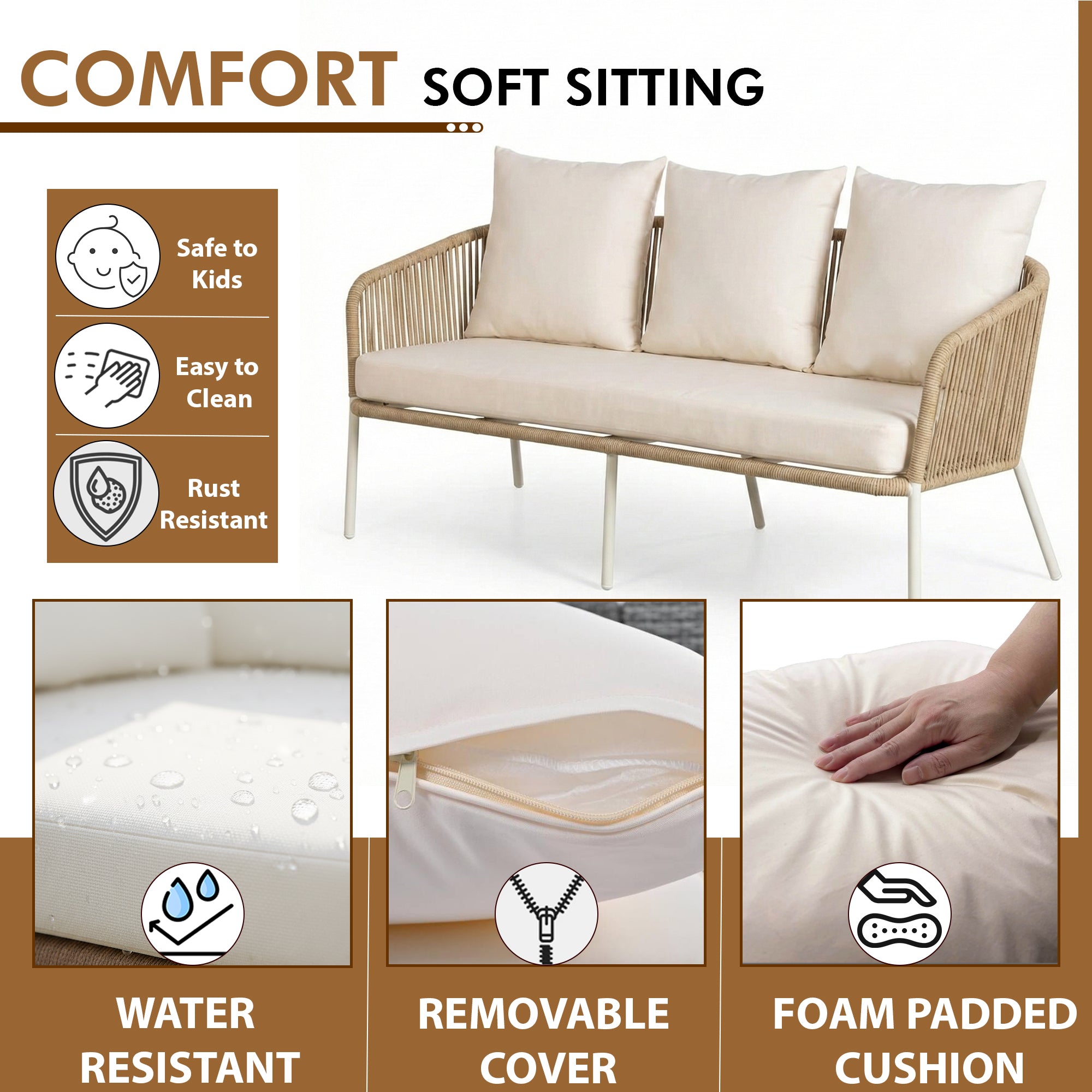 Rumi Outdoor Garden Balcony Sofa Set 3 Seater , 2 Single Seater 1 Center Table Set (White-Beige) Braided and Rope